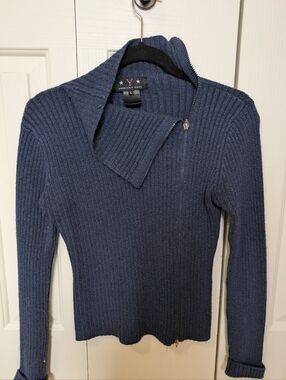 Navy Ribbed Zip-Up Women's Sweater